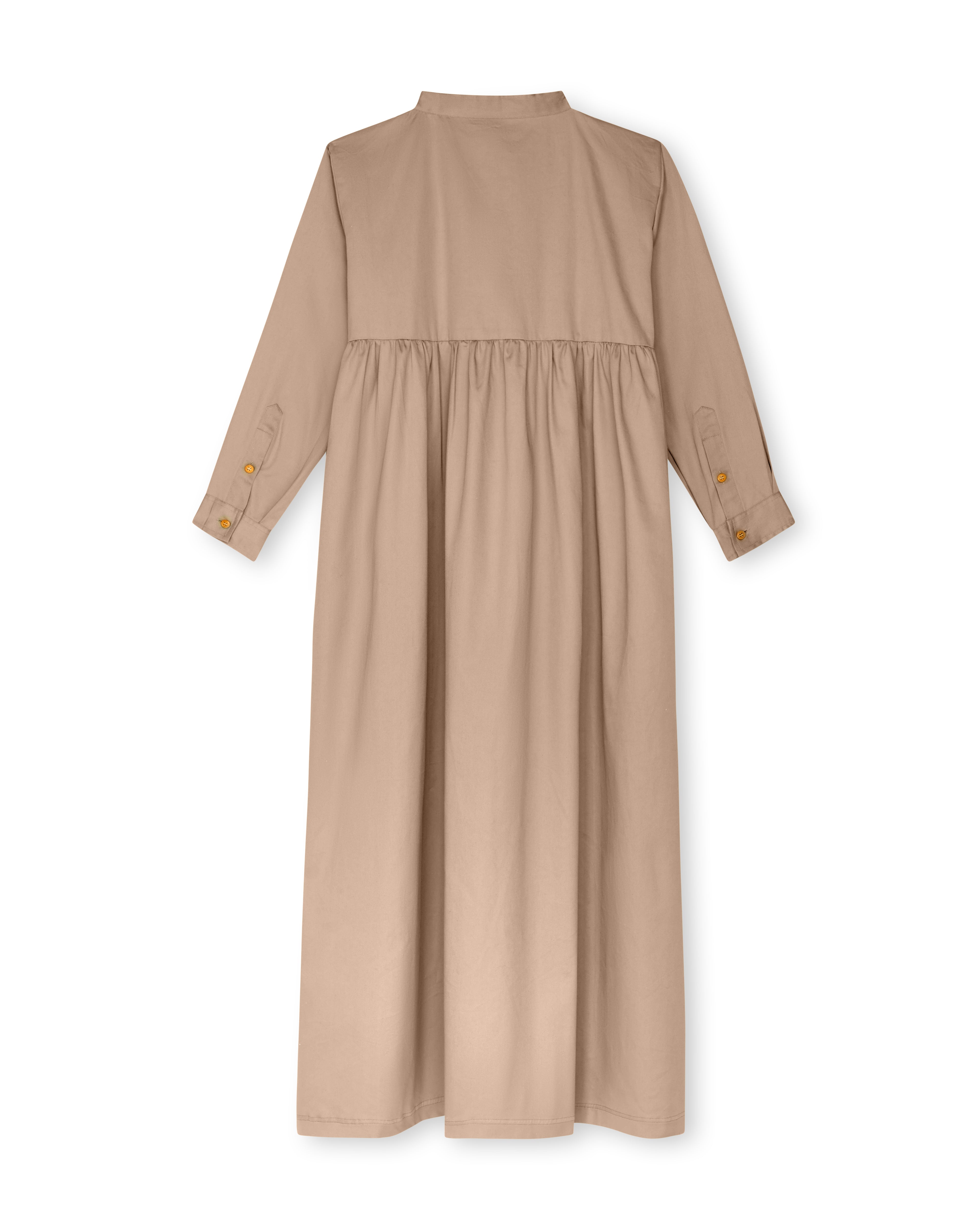 A beige long-sleeve midi dress with a gathered waist and small orange button accents on the cuffs, shown from the back on a white background.