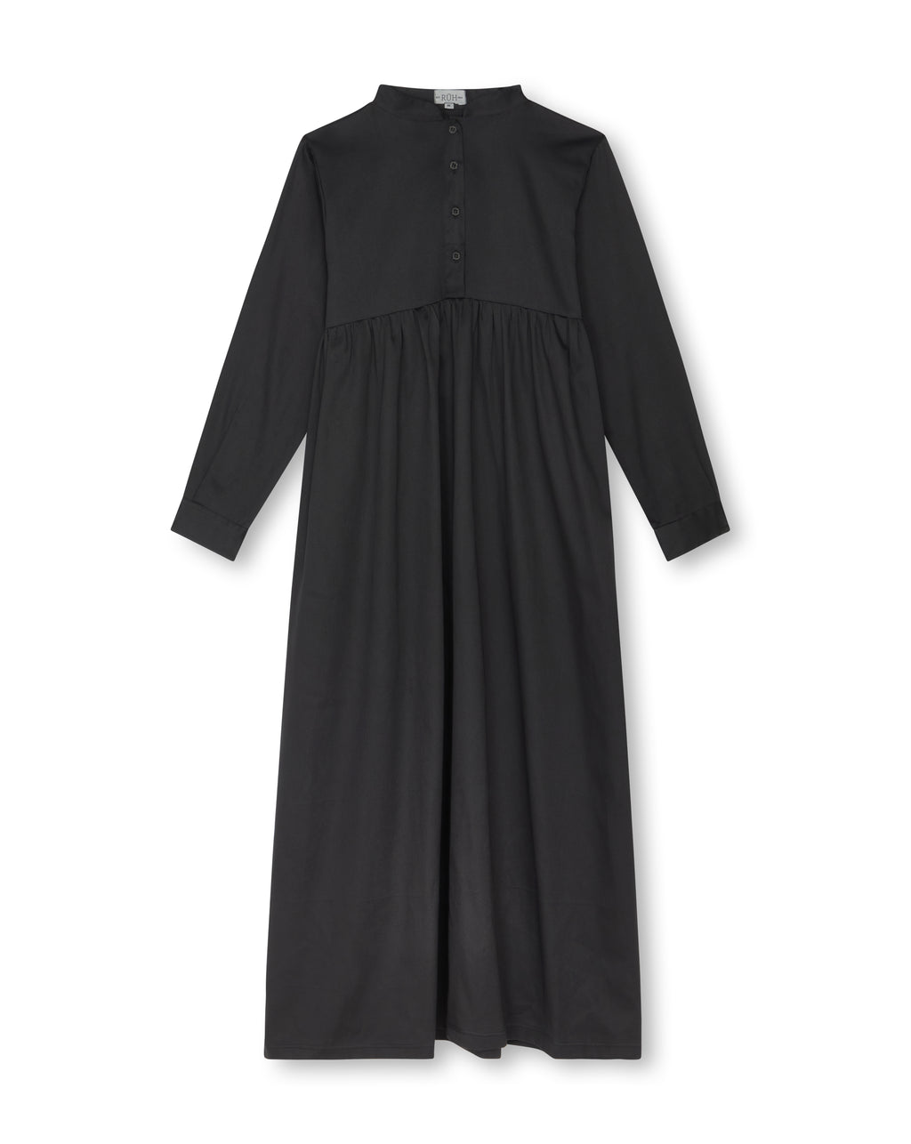 A black long-sleeve midi dress with a buttoned yoke and gathered waist, shown flat against a white background.