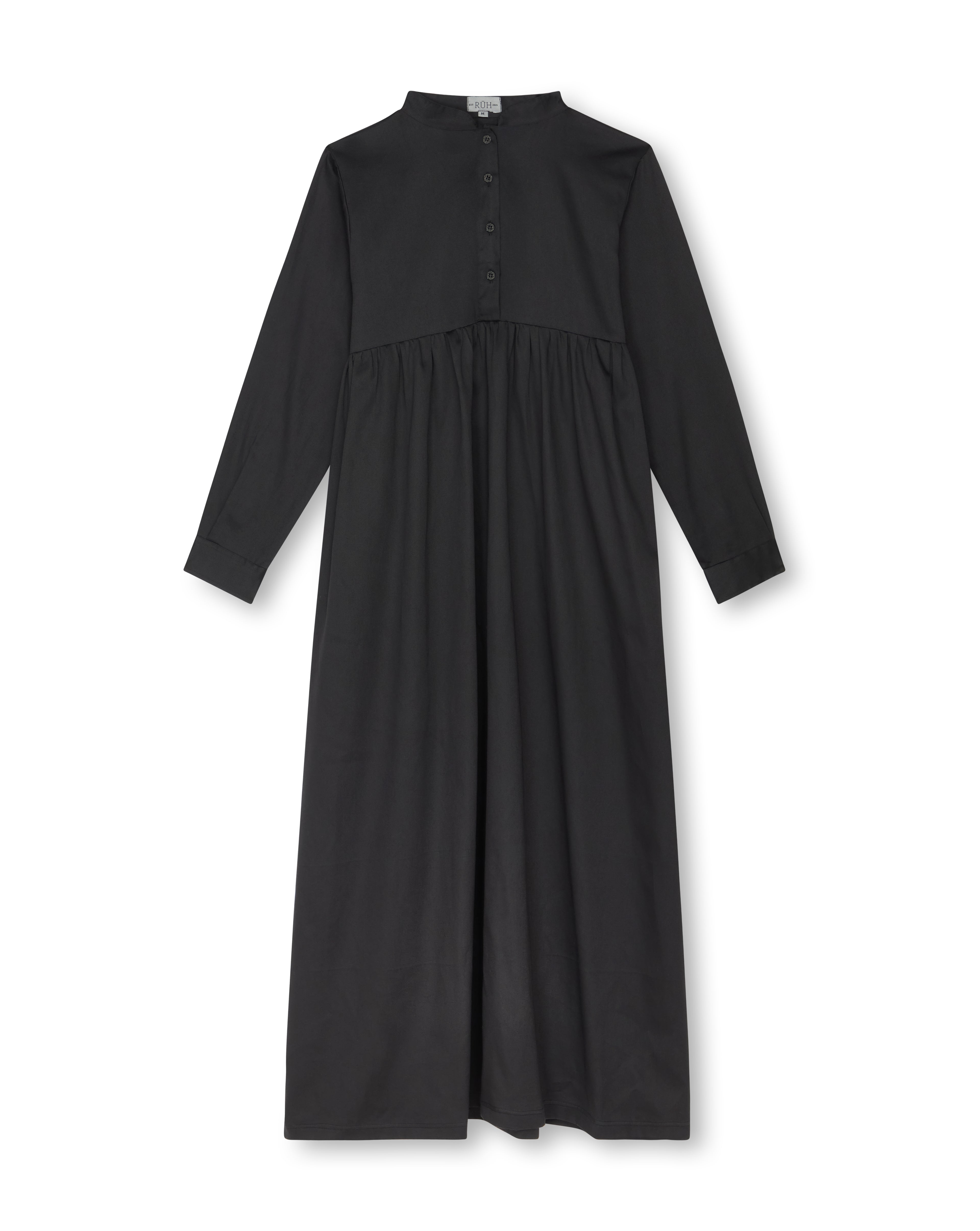 A black long-sleeve midi dress with a buttoned yoke and gathered waist, shown flat against a white background.