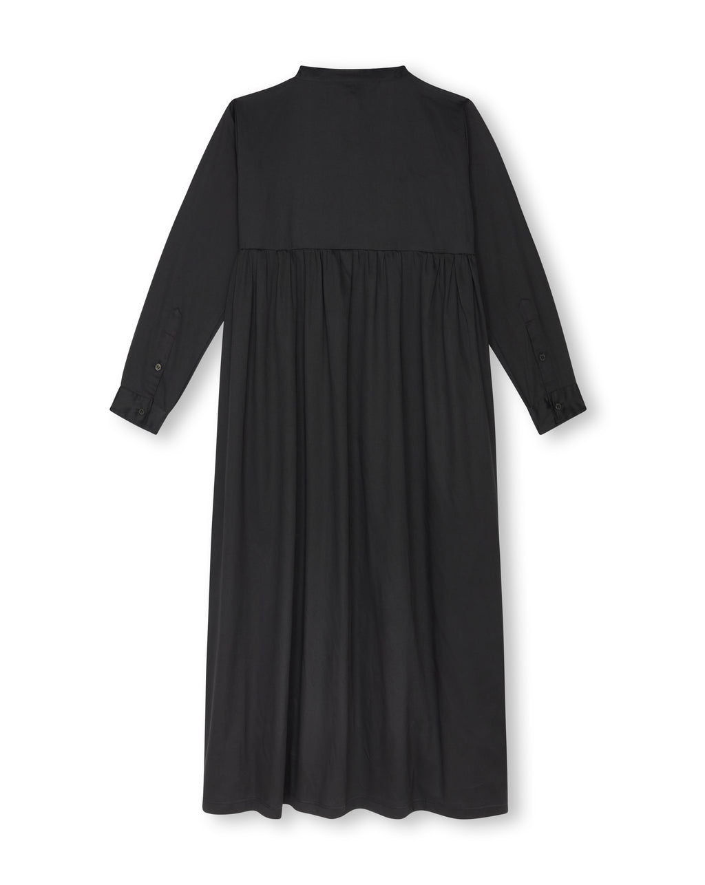 A black long-sleeve midi dress with a high mock neck and a gathered waist seam, shown from the back on a white background.