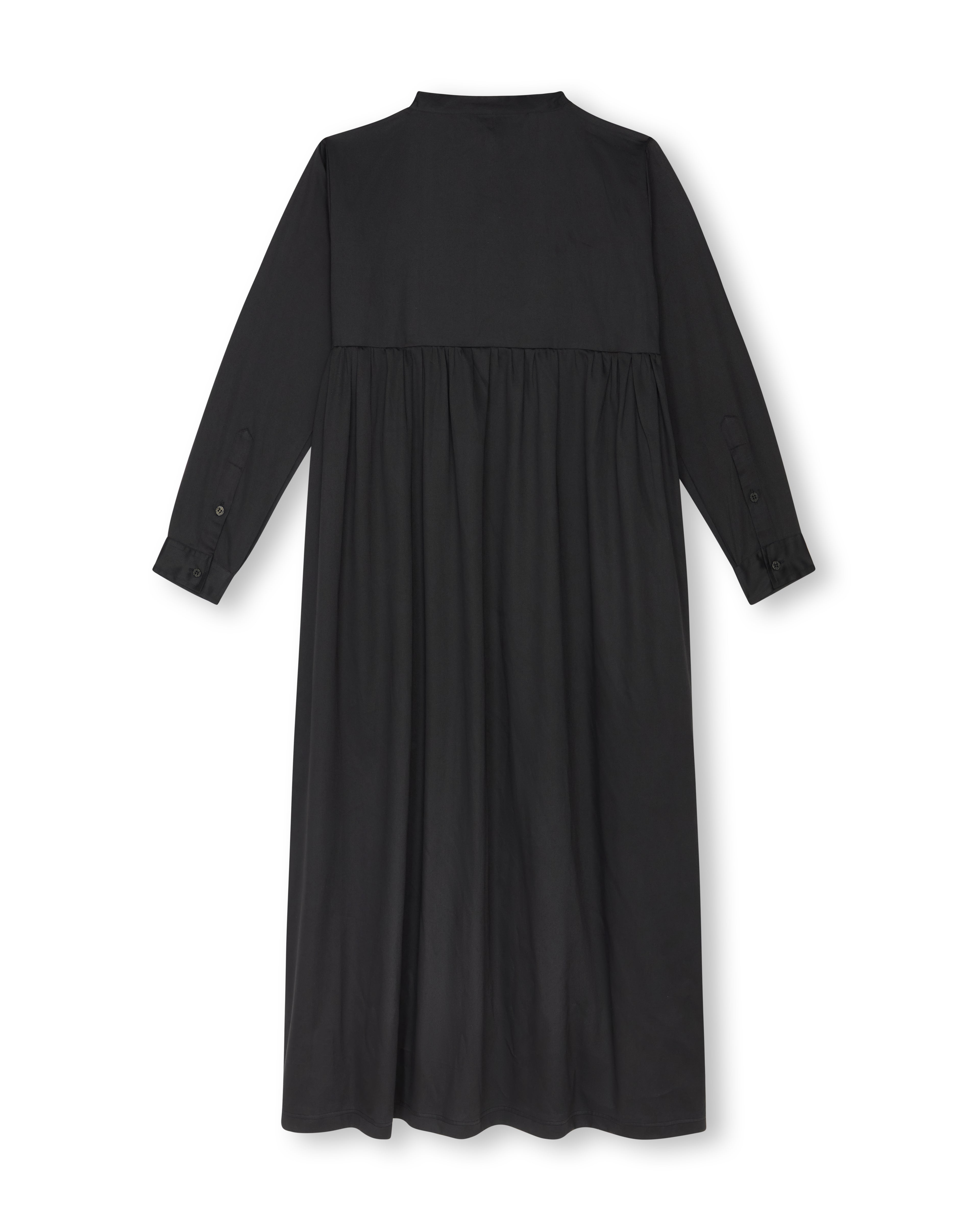 A black long-sleeve midi dress with a high mock neck and a gathered waist seam, shown from the back on a white background.